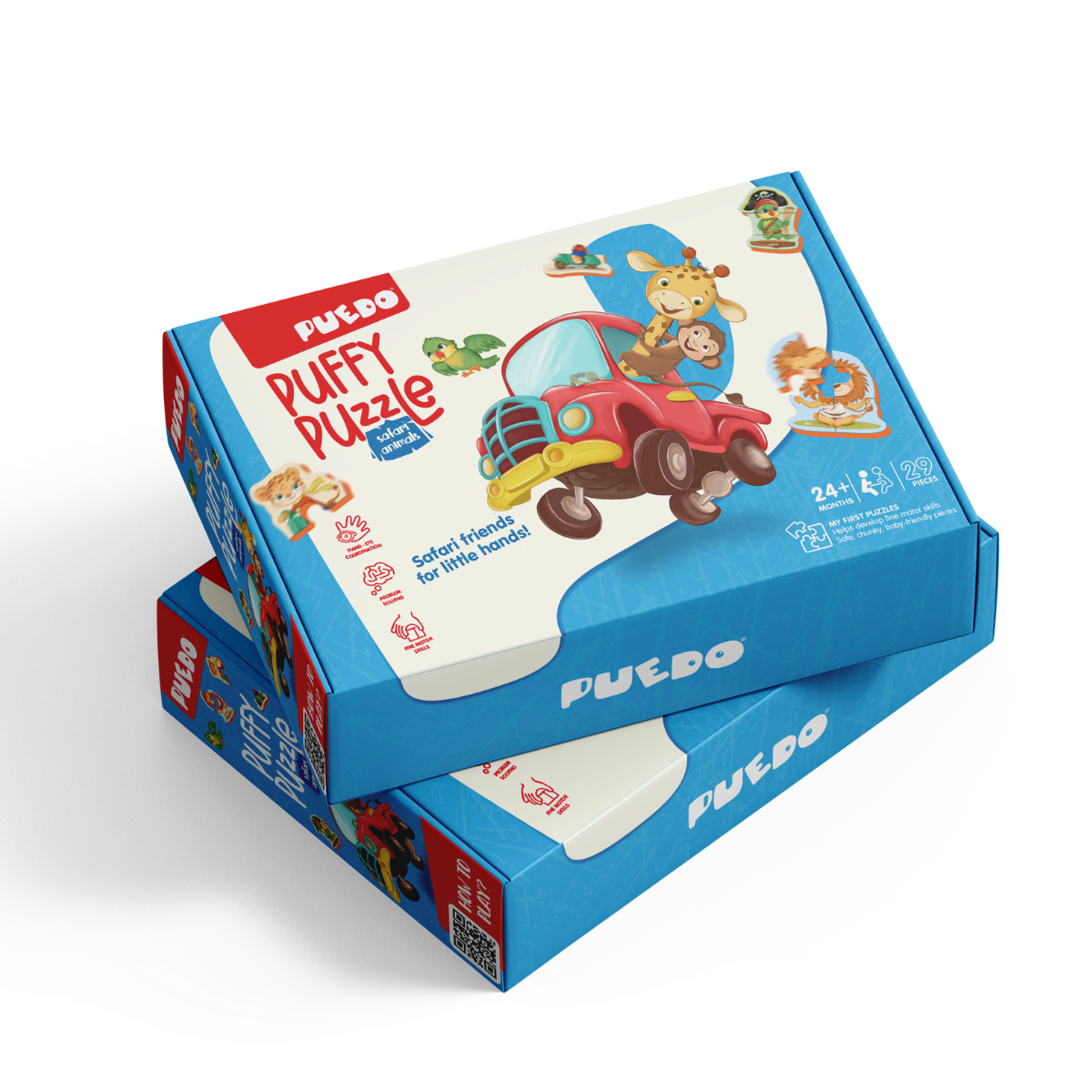 PUEDO® Puffy Puzzle Safari Animals Multi-Pack | Progressive 2, 3 & 4-Piece Toddler Jigsaw Toy for Ages 24 Months+