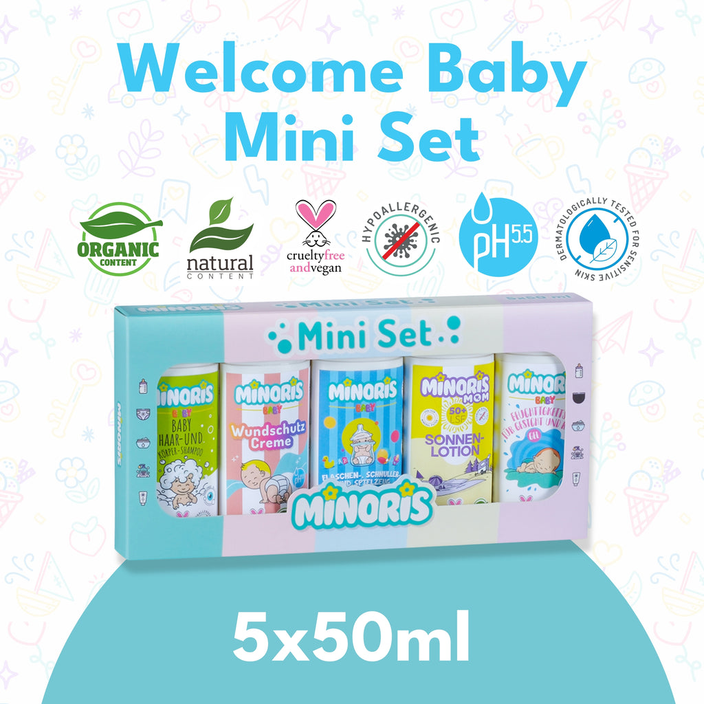 Minoris Welcome Baby Mini Care Gift Set (5 x 50ml) | Organic & Natural Newborn Starter Kit | Travel-Size Hypoallergenic Essentials for Mom & Baby