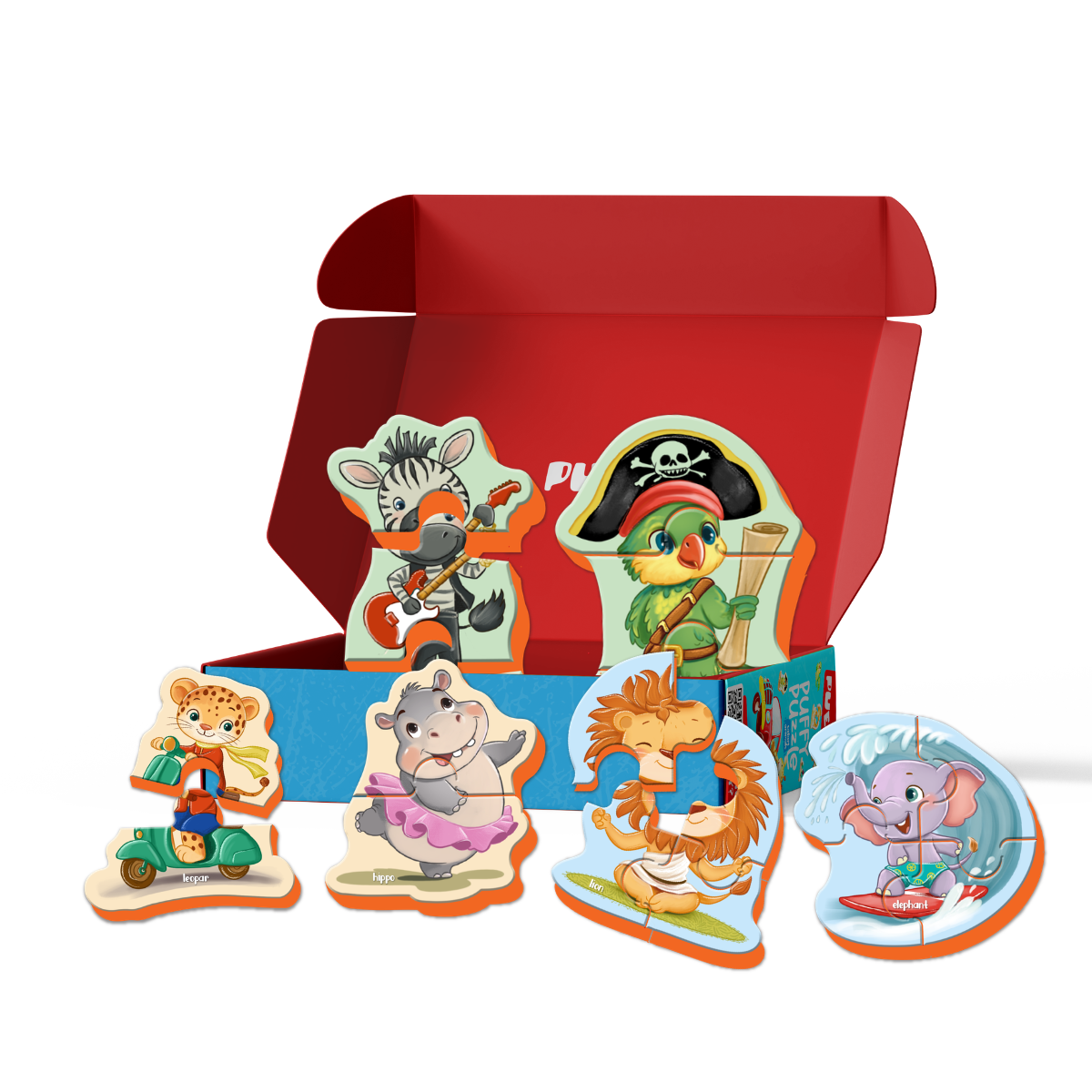 PUEDO® Puffy Puzzle Safari Animals Multi-Pack | Progressive 2, 3 & 4-Piece Toddler Jigsaw Toy for Ages 24 Months+