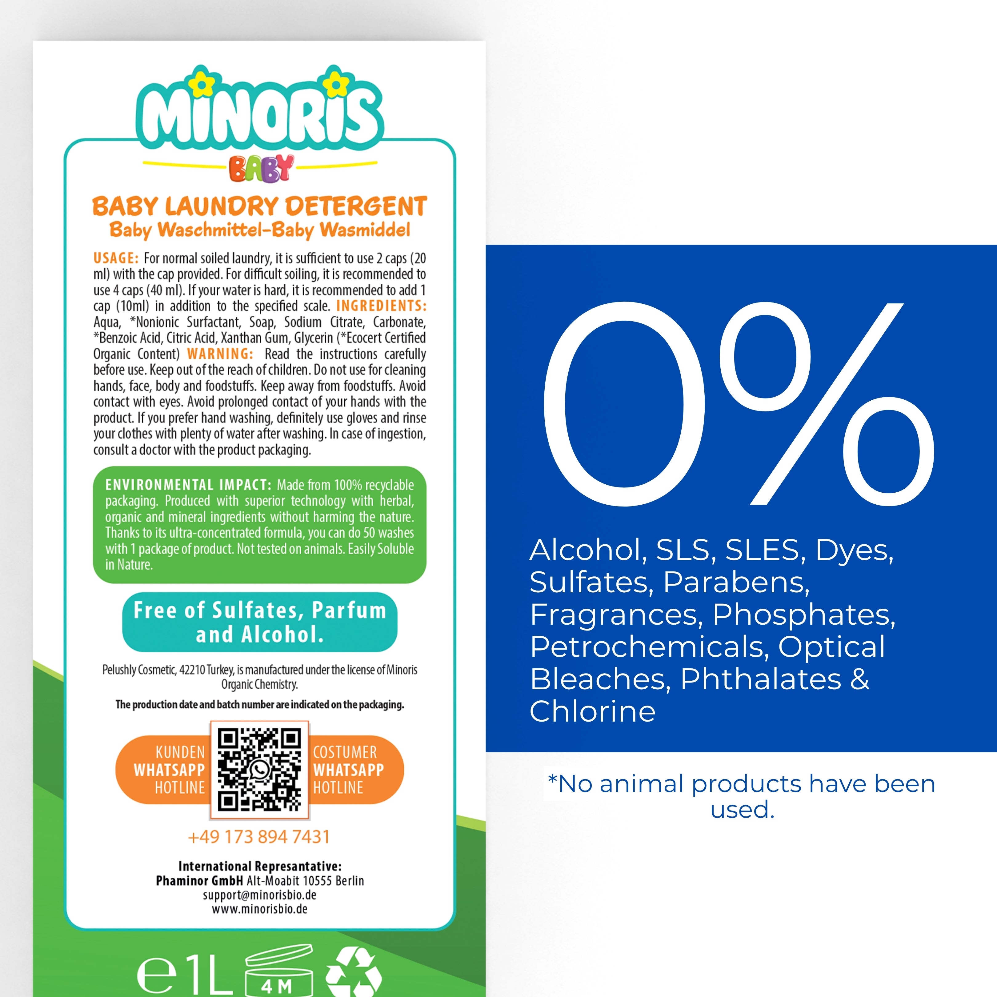 Minoris Baby Organic Liquid Laundry Detergent | Hypoallergenic Fragrance-Free Eco-Concentrate for Sensitive Skin (50 Washes) — 1 L