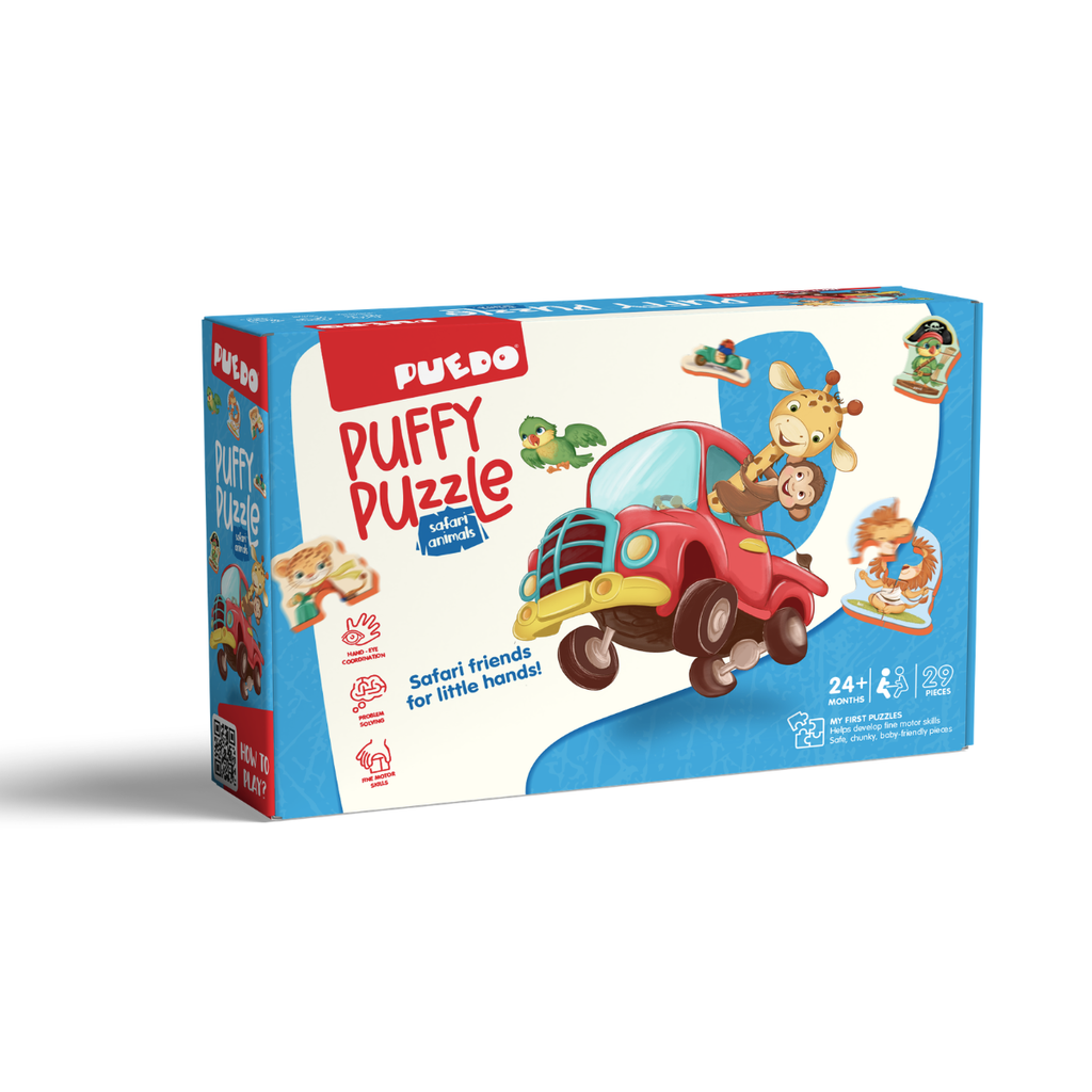 PUEDO® Puffy Puzzle Safari Animals Multi-Pack | Progressive 2, 3 & 4-Piece Toddler Jigsaw Toy for Ages 24 Months+