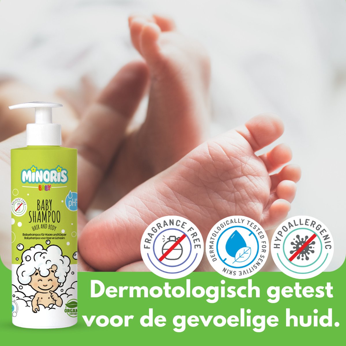 Minoris 400ml Organic Baby Shampoo & Body Wash – Ultra-Gentle Cradle Cap Care for Newborns – Tear-Free, pH 5.5, Sulfate-Free