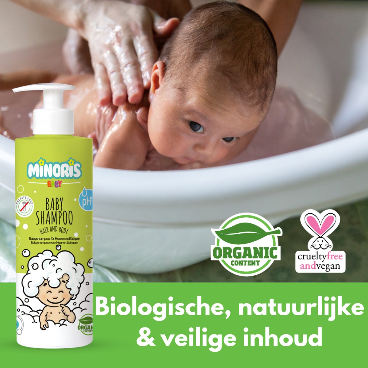 Minoris 400ml Organic Baby Shampoo & Body Wash – Ultra-Gentle Cradle Cap Care for Newborns – Tear-Free, pH 5.5, Sulfate-Free